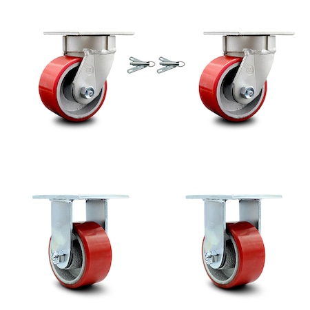 Service Caster 4 Inch Kingpinless Red Poly on Steel Wheel Caster Swivel Locks 2 Rigid, 2PK SCC-KP30S420-PUR-RS-BSL-2-R-2